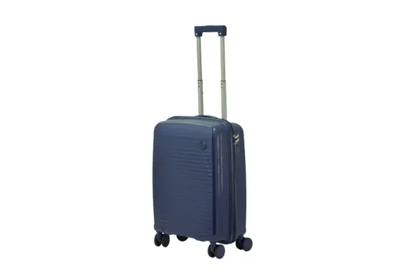 20 inch dark blue hard shell luggage with fine horizontal ribs and a small round badge, side view with four wheels