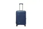 24 inch dark blue hard shell luggage with fine horizontal ribs and a small round badge, front view