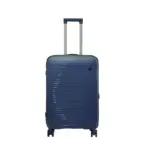 24 inch dark blue hard shell luggage with fine horizontal ribs and a small round badge, front view