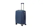 24 inch dark blue hard shell luggage with fine horizontal ribs and a small round badge, side view with four wheels