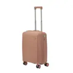 20 inch rose gold hard shell luggage with fine horizontal ribs and a small round badge, front view