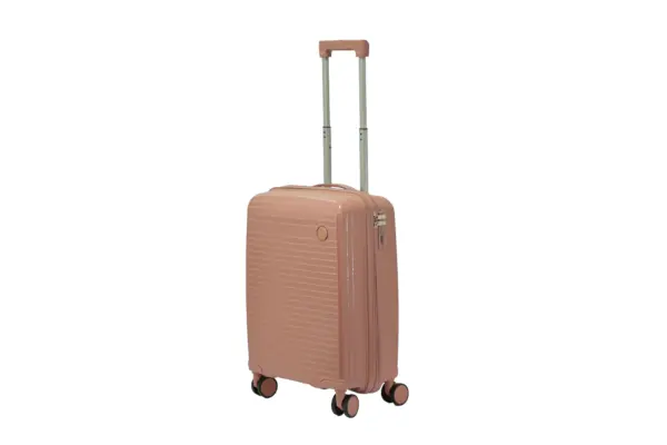 20 inch rose gold hard shell luggage with fine horizontal ribs and a small round badge, front view