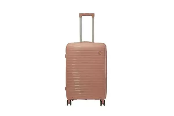 24 inch rose gold hard shell luggage with fine horizontal ribs and a small round badge, front view
