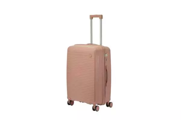 24 inch rose gold hard shell luggage with fine horizontal ribs and a small round badge, side view with four wheels