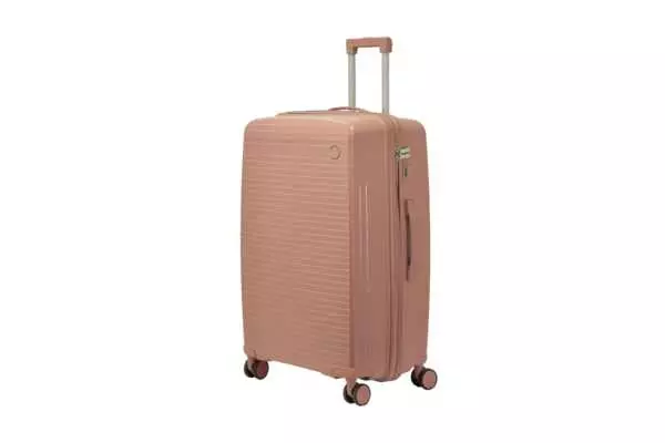 28 inch rose gold hard shell luggage with fine horizontal ribs and a small round badge, side view with four wheels