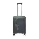 20 inch dark grey hard shell luggage with fine horizontal ribs and a small round badge, front view