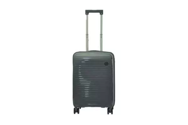20 inch dark grey hard shell luggage with fine horizontal ribs and a small round badge, front view