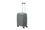 20 inch dark grey hard shell luggage with fine horizontal ribs and a small round badge, side view with four wheels