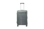 24 inch dark grey hard shell luggage with fine horizontal ribs and a small round badge, front view