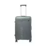 24 inch dark grey hard shell luggage with fine horizontal ribs and a small round badge, front view