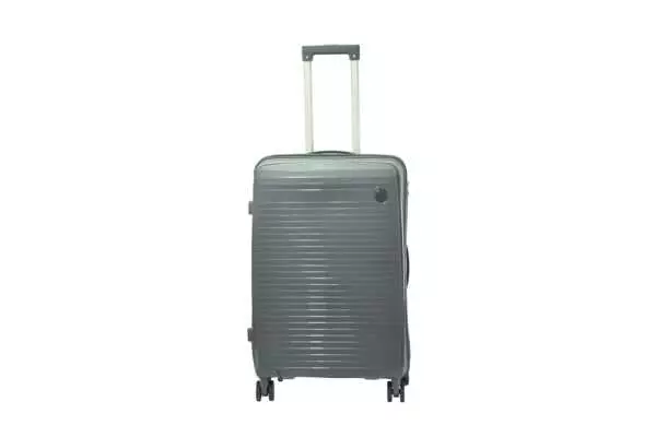 24 inch dark grey hard shell luggage with fine horizontal ribs and a small round badge, front view