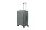 24 inch dark grey hard shell luggage with fine horizontal ribs and a small round badge, side view with four wheels