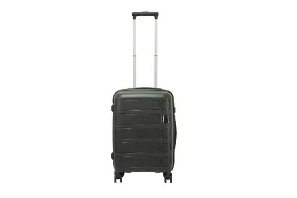 20 inch black hard shell luggage with a raised horizontal panel design, front view