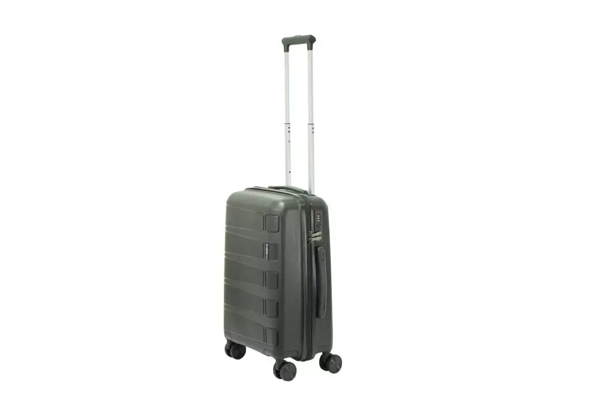 20 inch black hard shell luggage with a raised horizontal panel design, side view with four wheels