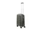 20 inch black hard shell luggage with a raised horizontal panel design, side view with four wheels