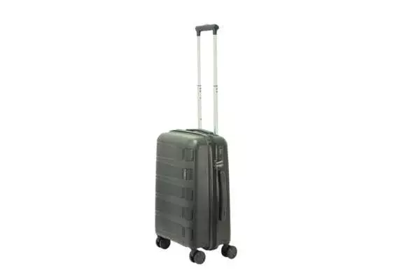 20 inch black hard shell luggage with a raised horizontal panel design, side view with four wheels