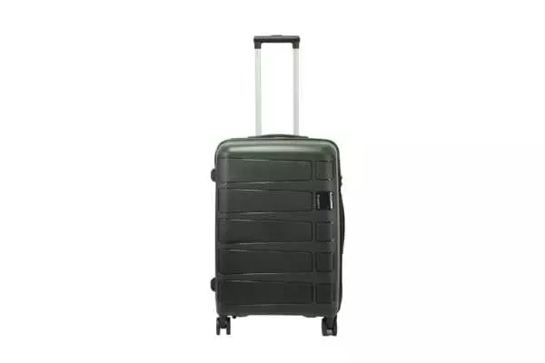 24 inch black hard shell luggage with a raised horizontal panel design, front view