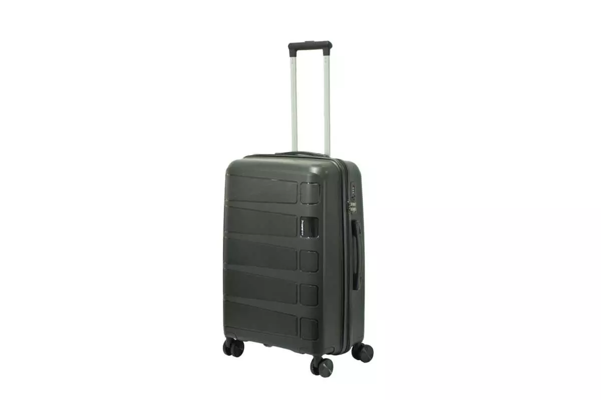 24 inch black hard shell luggage with a raised horizontal panel design, side view with four wheels