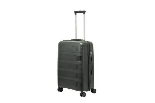 24 inch black hard shell luggage with a raised horizontal panel design, side view with four wheels