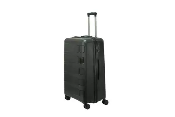 28 inch black hard shell luggage with a raised horizontal panel design, side view with four wheels